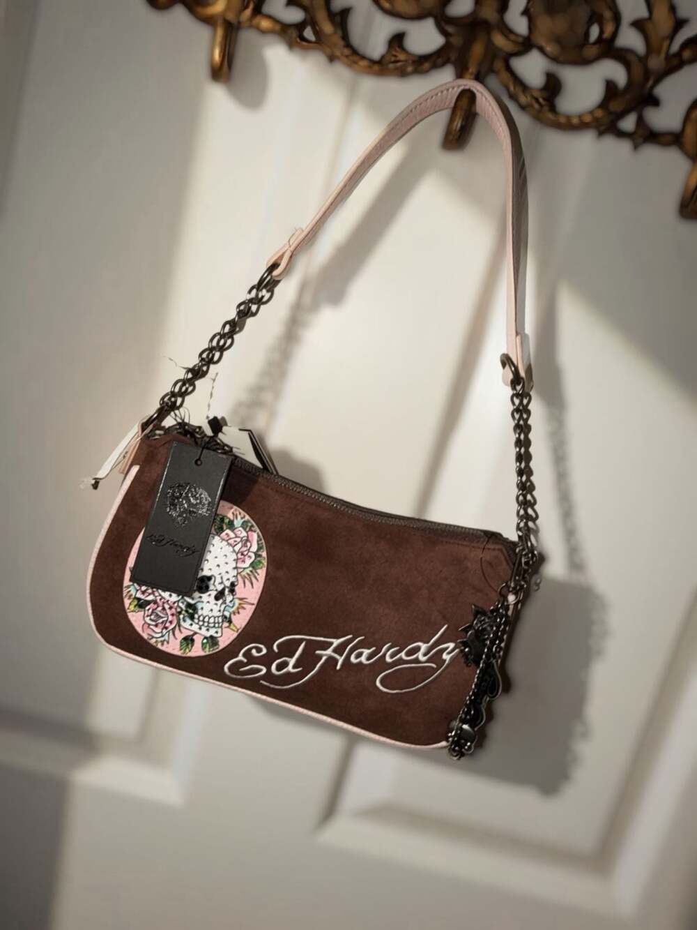 Ed Hardy Brown Suede Skull and Rose Graphic Shoulder Bag